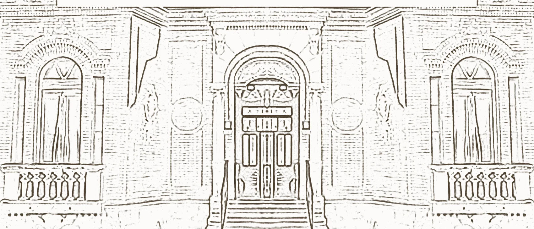 Dibujo a línea de la fachada del despacho: edificio de ladrillo del centro histórico de Saltillo, con el portal de acceso al centro y, a cada lado, una ventana de arco con balaustrada de cantera. 