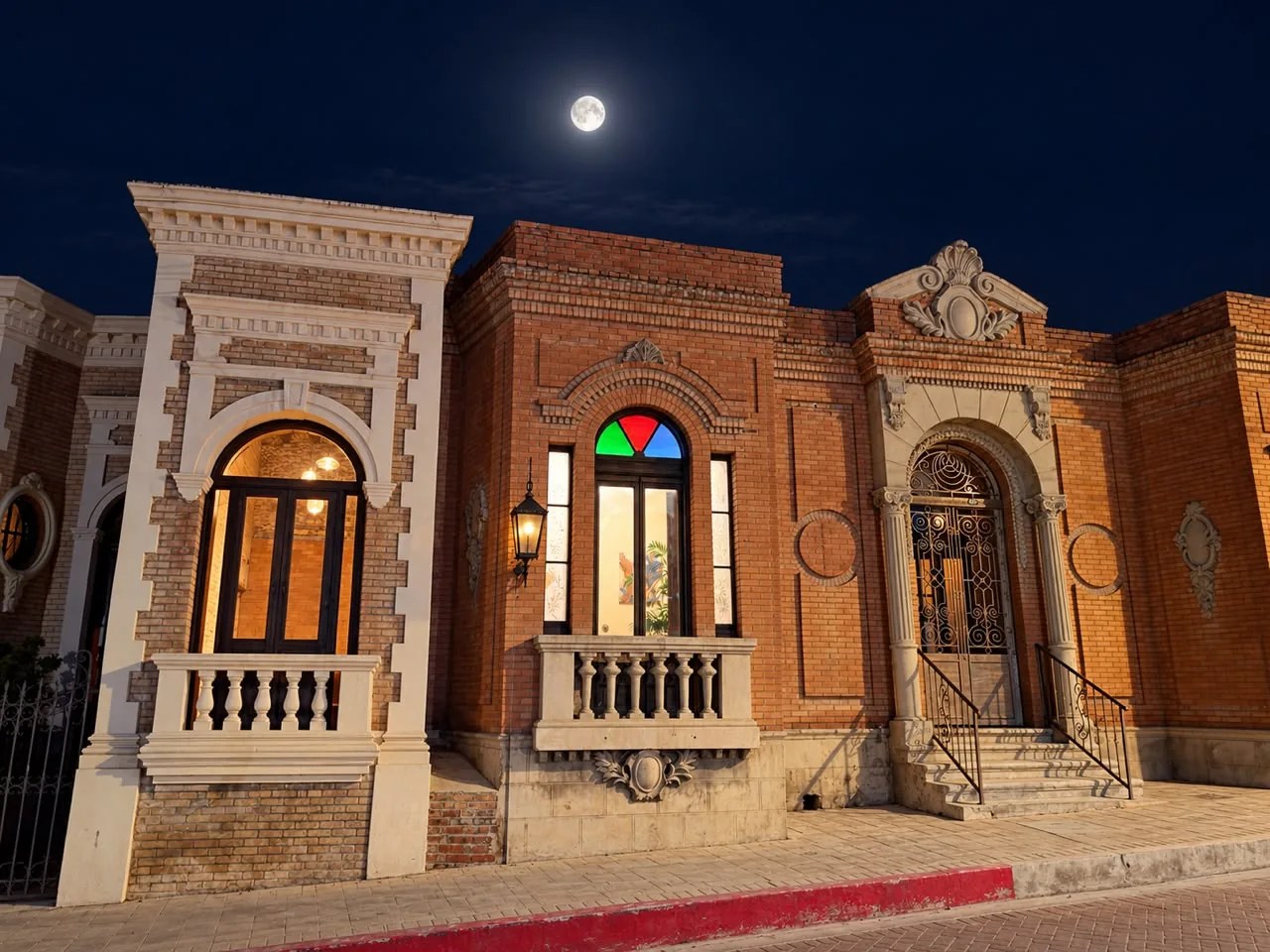 La fachada del despacho de noche, con luna llena: muro de ladrillo rojo, balaustradas de cantera, vitrales de colores y las ventanas encendidas.
